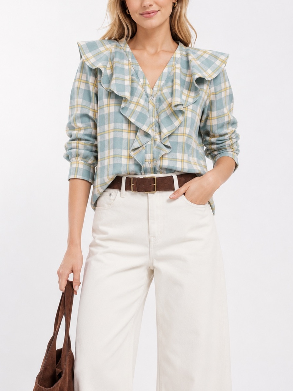 NWT Tuckernuck Blue Plaid V-Neck Ruffle Eileen Button Down Size Large
